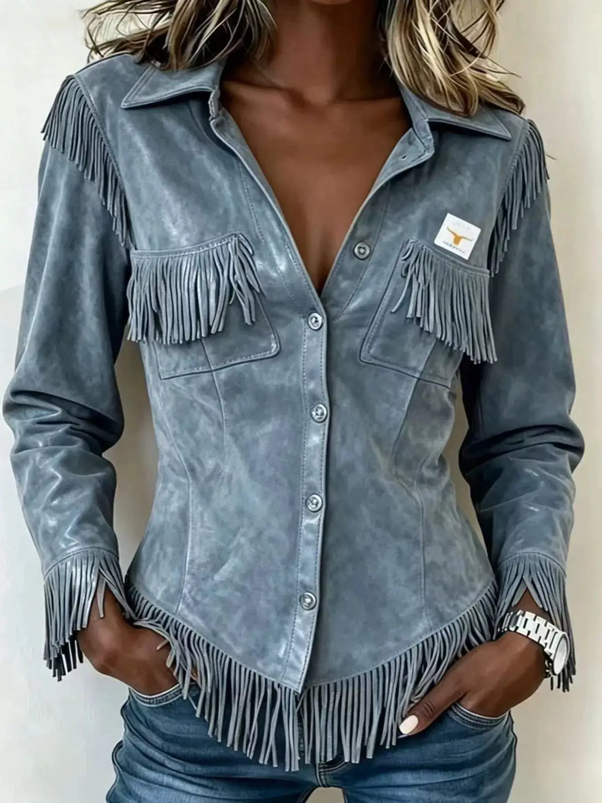 Full Size Fringed Snap Down Jacket Plus Size by Trendsi