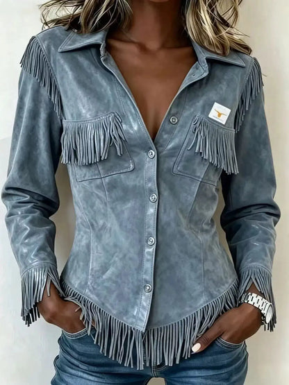 Full Size Fringed Snap Down Jacket Plus Size by Trendsi