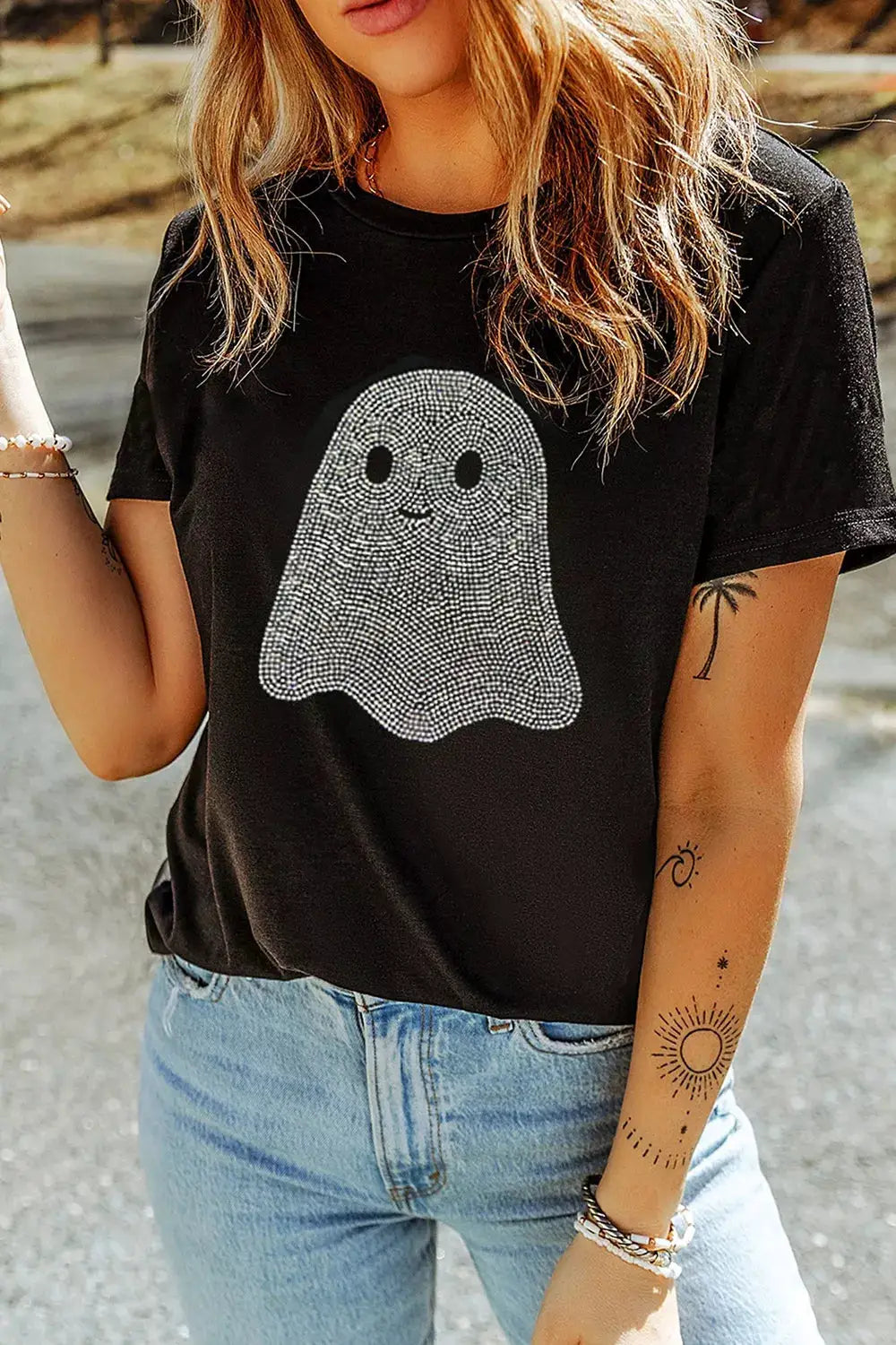 Full Size Rhinestone Ghost Round Neck T-Shirt Plus Size by Trendsi