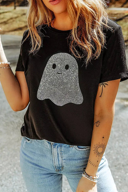 Full Size Rhinestone Ghost Round Neck T-Shirt Plus Size by Trendsi
