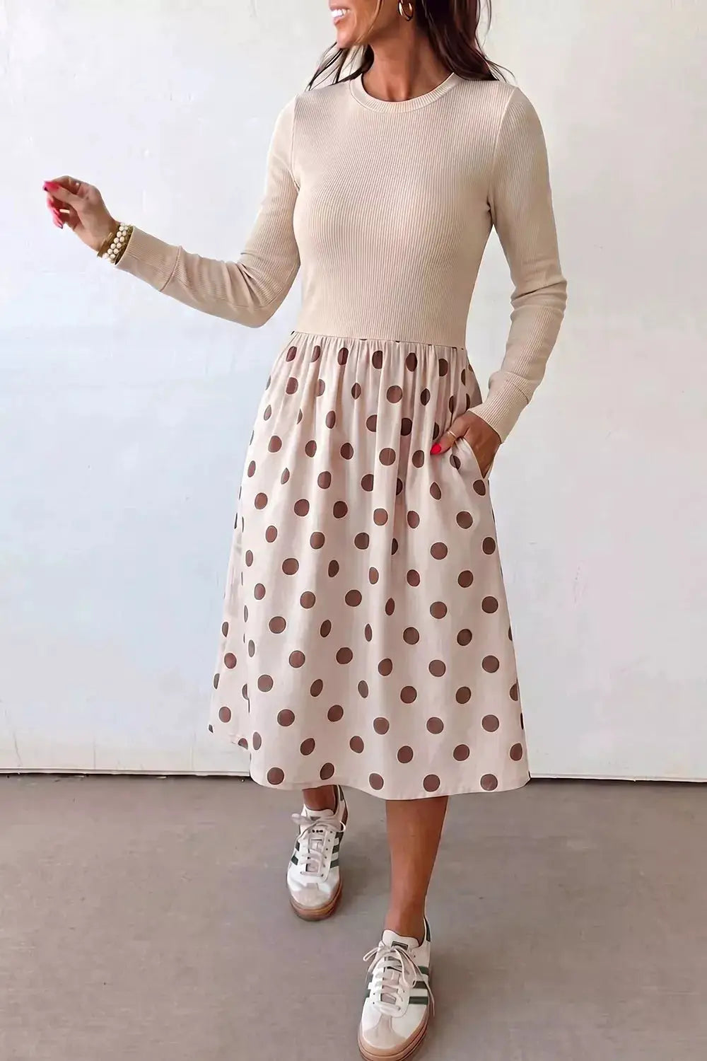 Polka Dot Midi Long Sleeve Dress by Trendsi