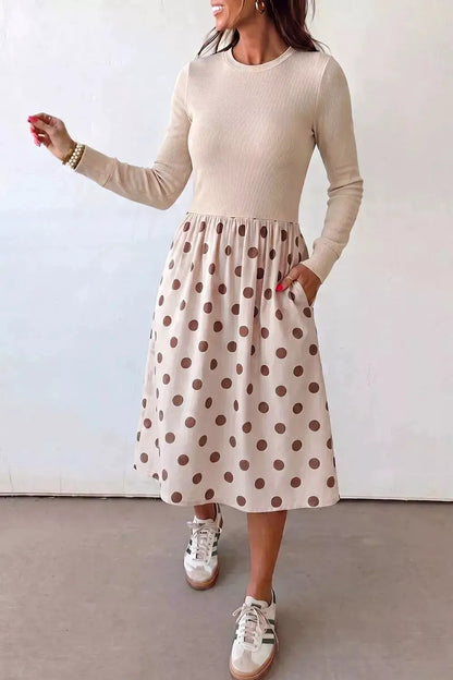 Polka Dot Midi Long Sleeve Dress by Trendsi
