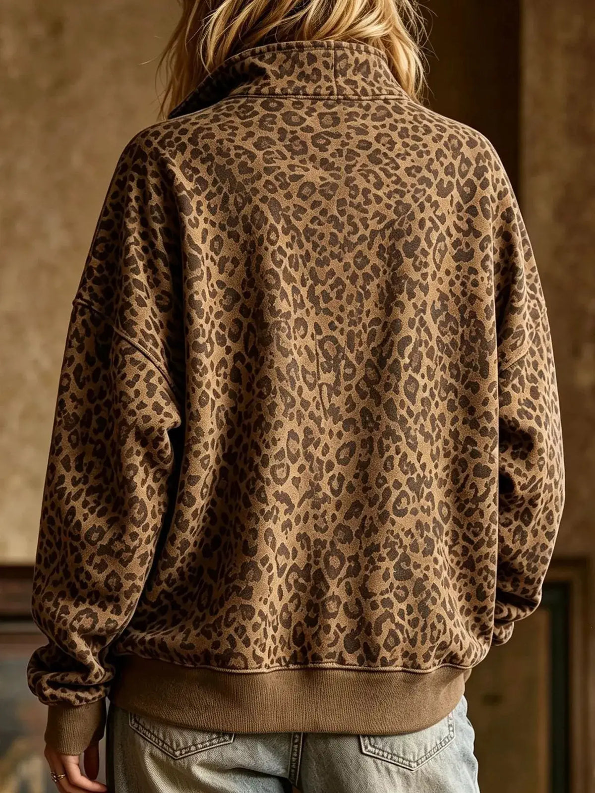 Leopard Half Zip Oversized Sweatshirt by Trendsi