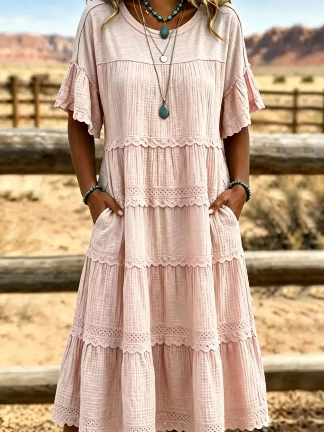 Full Size Tiered Ruffle Sleeve Midi Dress with Pockets Plus Size by Trendsi