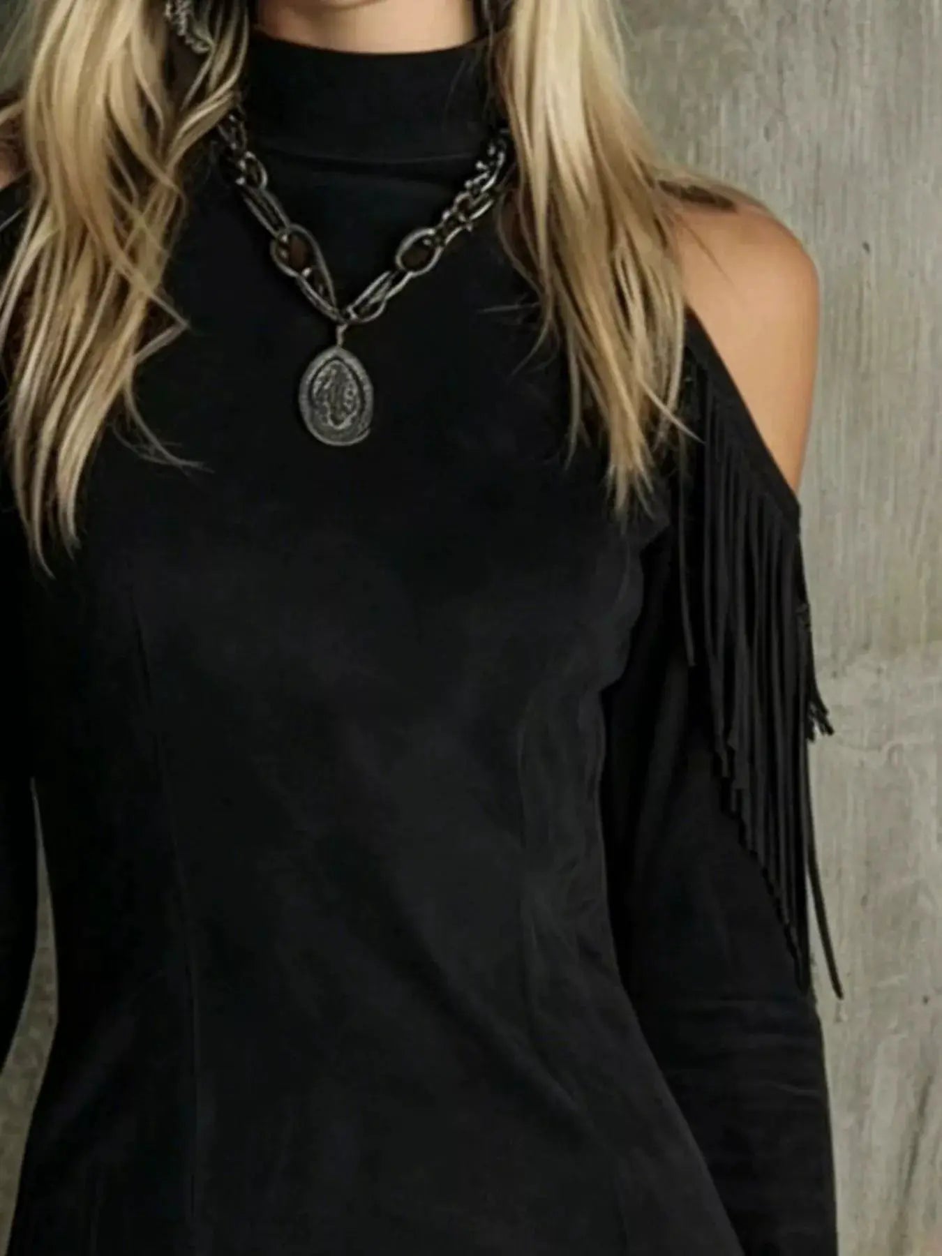 Fringed Cold Shoulder Mini Dress by Trendsi