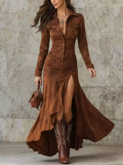 Full Size High-Low Long Sleeve Maxi Dress Plus Size by Trendsi