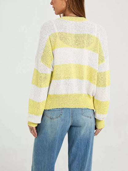Casual Striped Button-Down Knit Cardigan by Trendsi