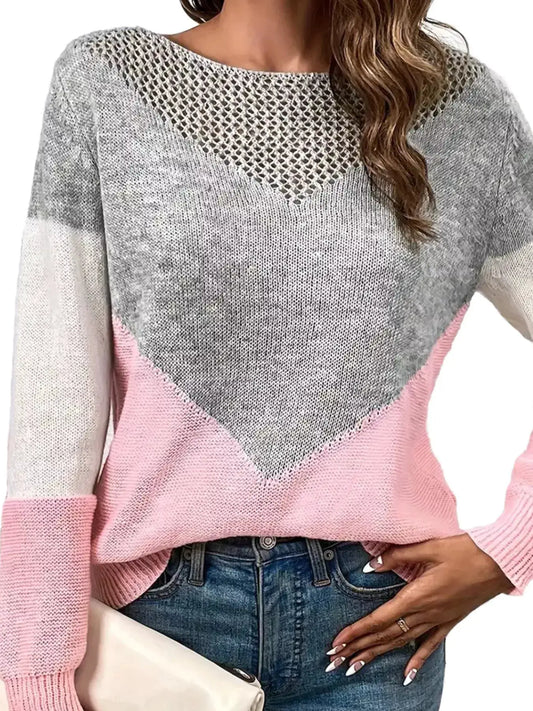Openwork Color Block Long Sleeve Sweater by Trendsi