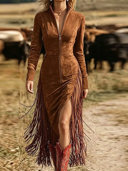 Fringe Zip-Front Midi Dress by Trendsi