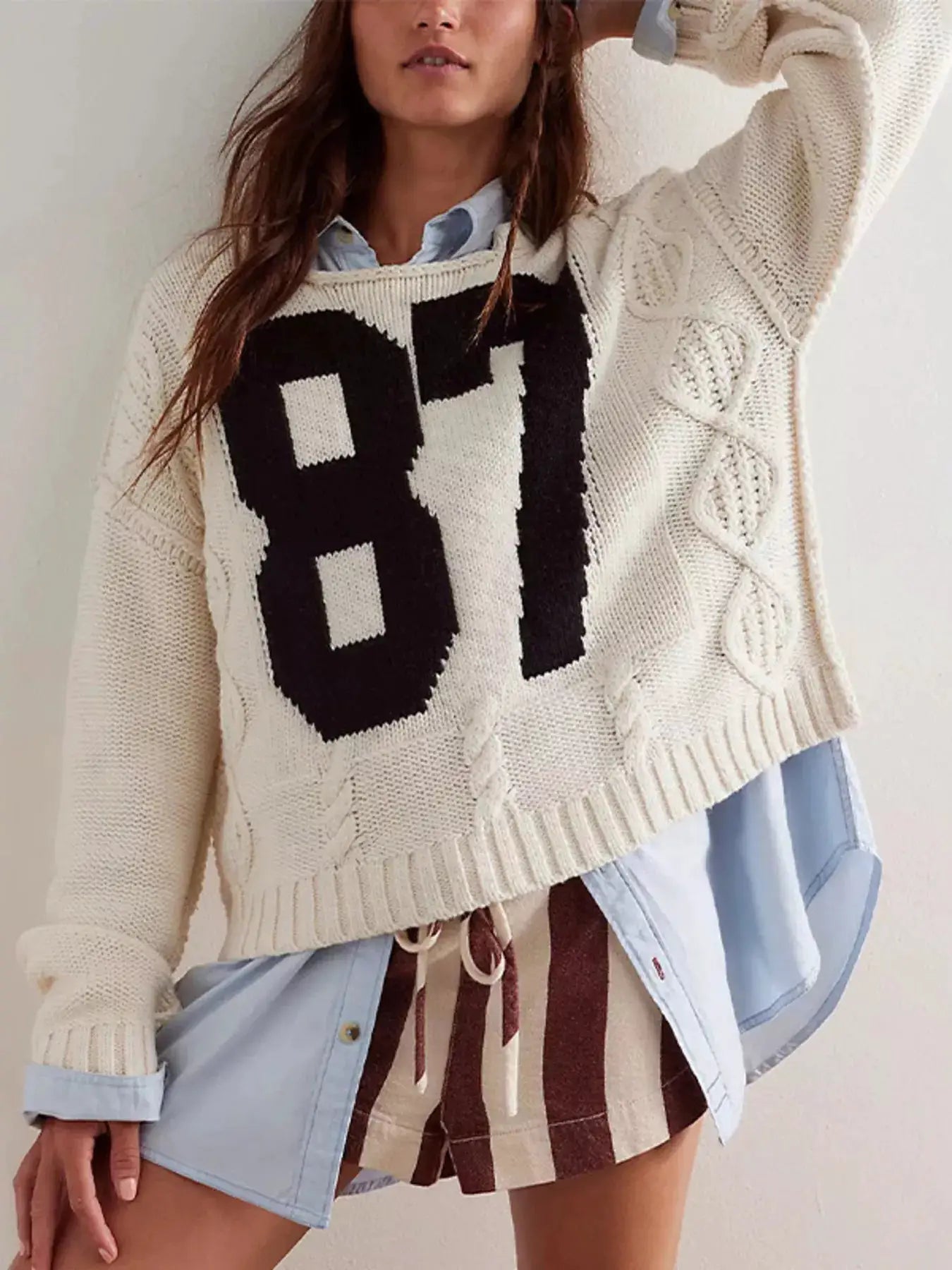 87 Number Cable-Knit Sweater by Trendsi