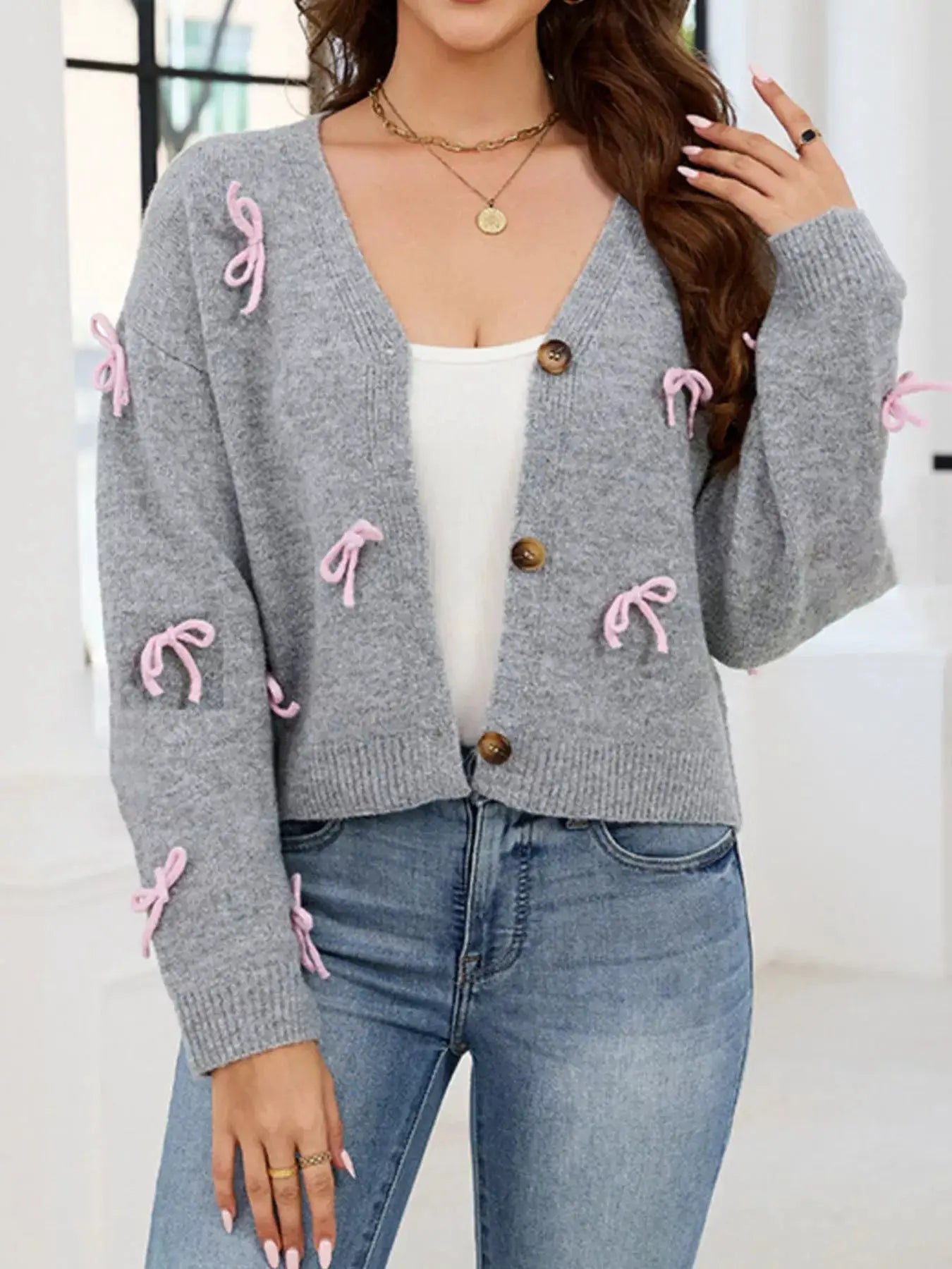 Bow Button Up Cardigan by Trendsi
