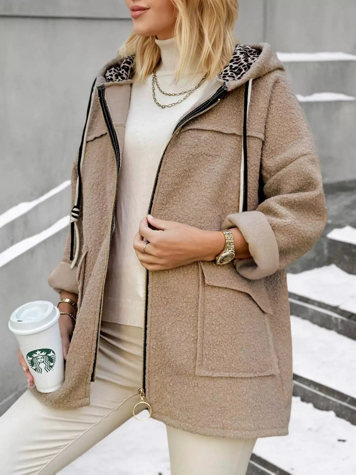 Fleece Zip Up Hooded Outerwear by Trendsi