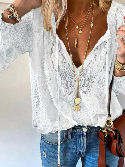 Lace Tie Neck Long Sleeve Blouse by Trendsi