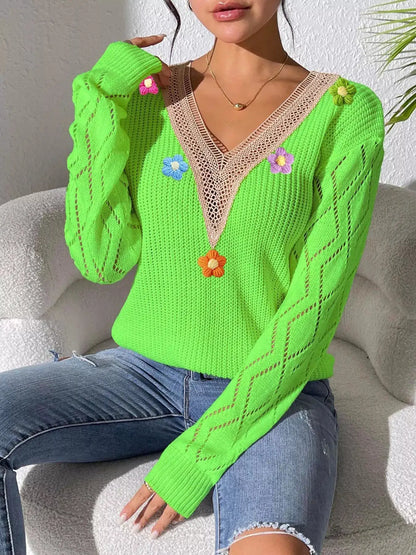 Floral Applique V-Neck Openwork Sweater by Trendsi