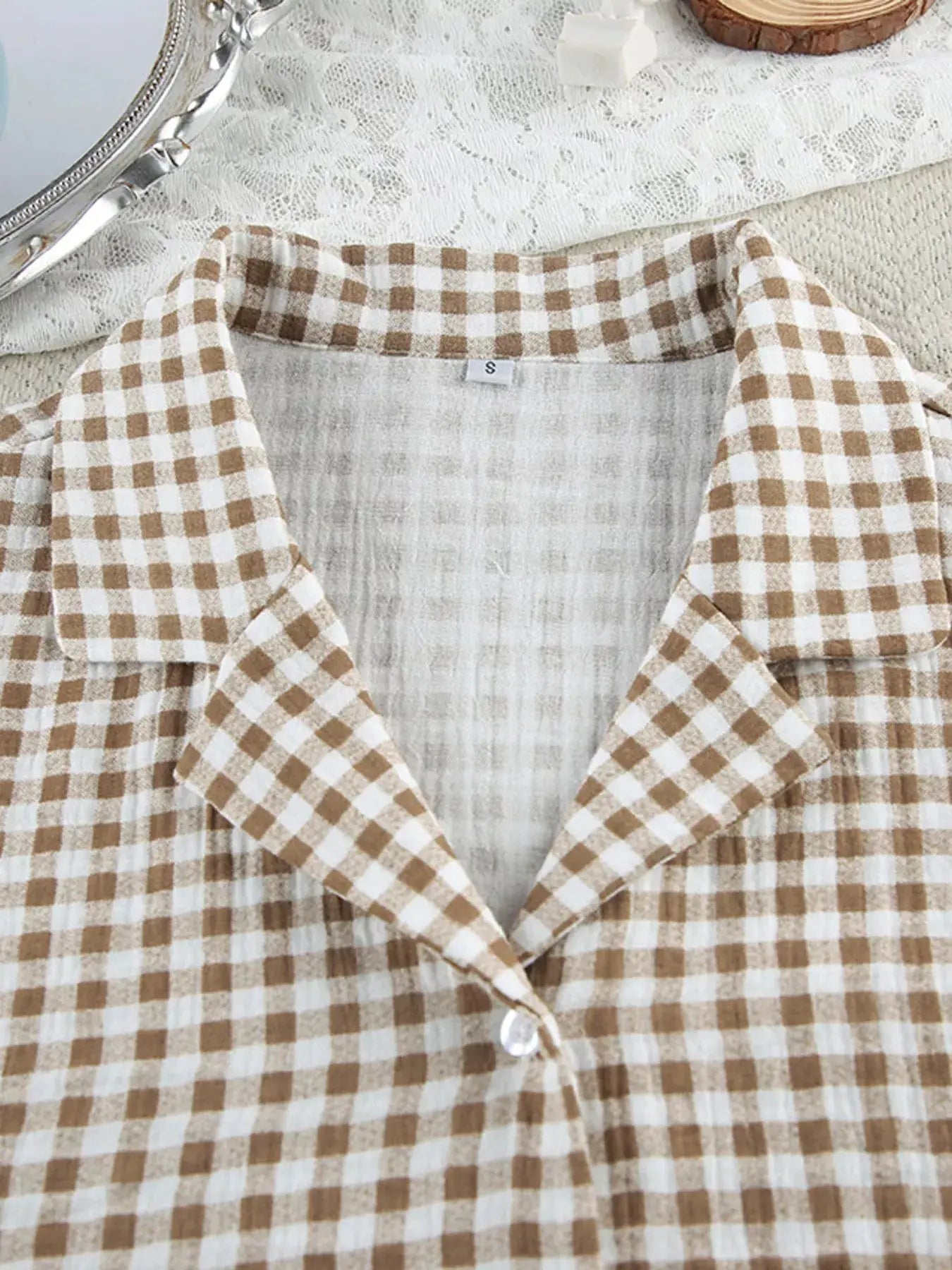Gingham Ruffle-Trim Top and Pants Lounge Set by Trendsi