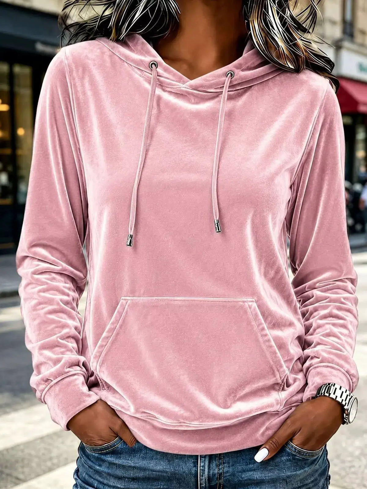 Full Size Velvet Kangaroo Pocket Hoodie Plus Size by Trendsi