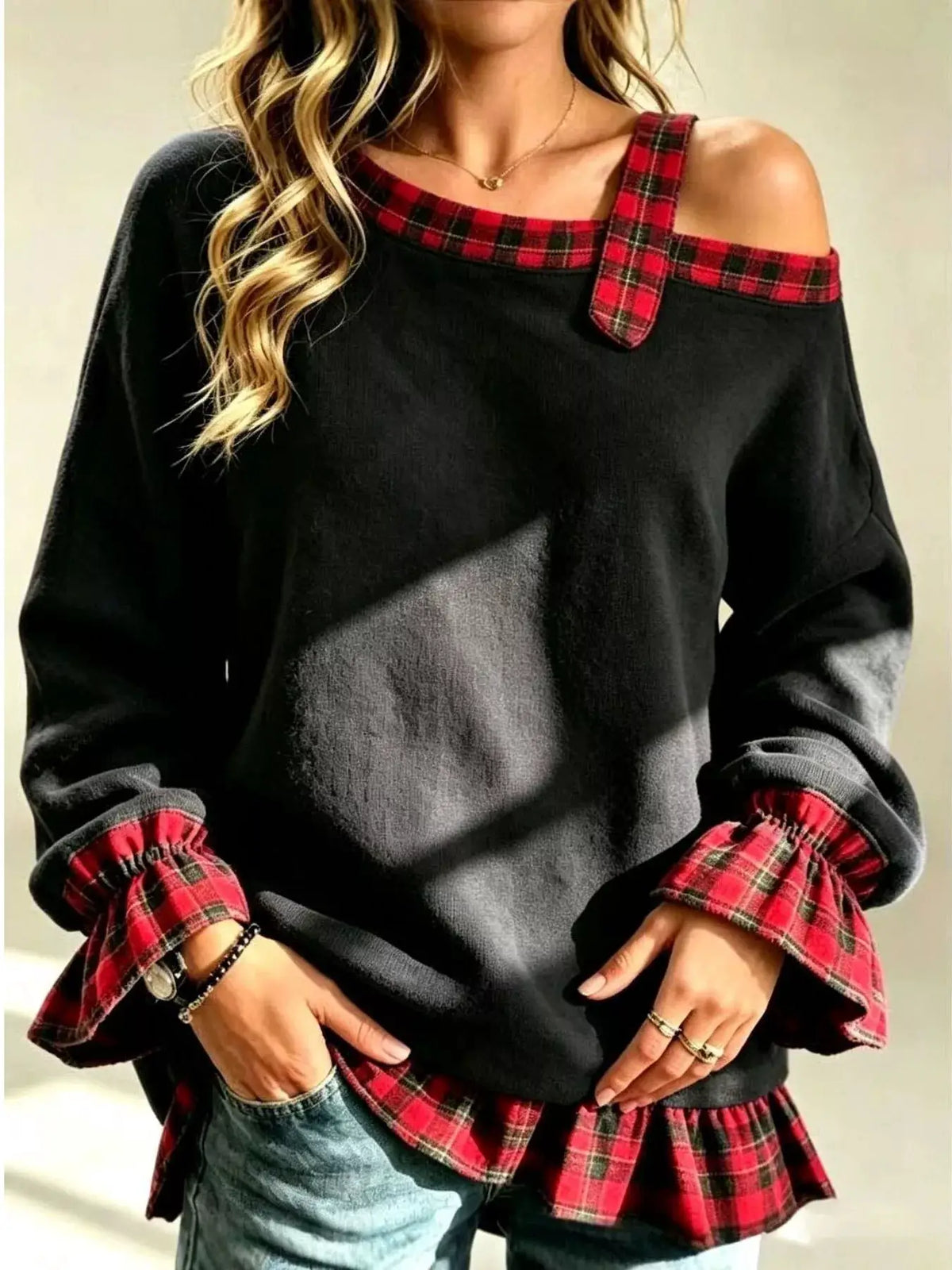 Full Size Cold-Shoulder Plaid Patchwork Long Sleeve Top Plus Size by Trendsi