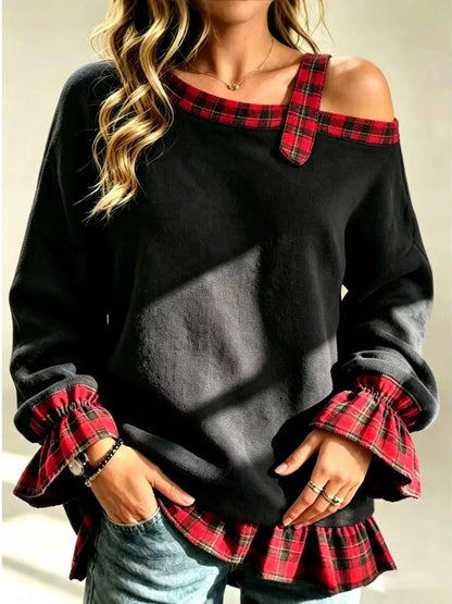 Full Size Cold-Shoulder Plaid Patchwork Long Sleeve Top Plus Size by Trendsi