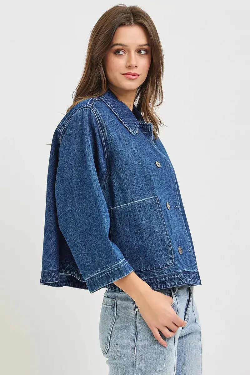 RISEN Double-Breasted Flowy Cropped Denim Jacket by Trendsi