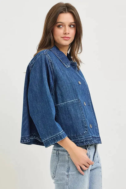 RISEN Double-Breasted Flowy Cropped Denim Jacket by Trendsi
