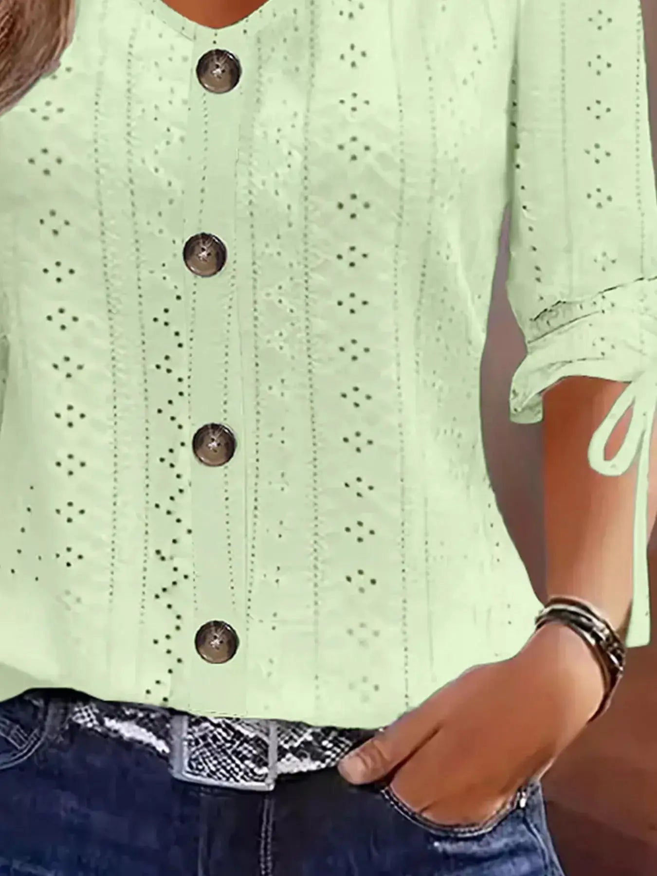 Eyelet Tie-Sleeve Detail Top by Trendsi