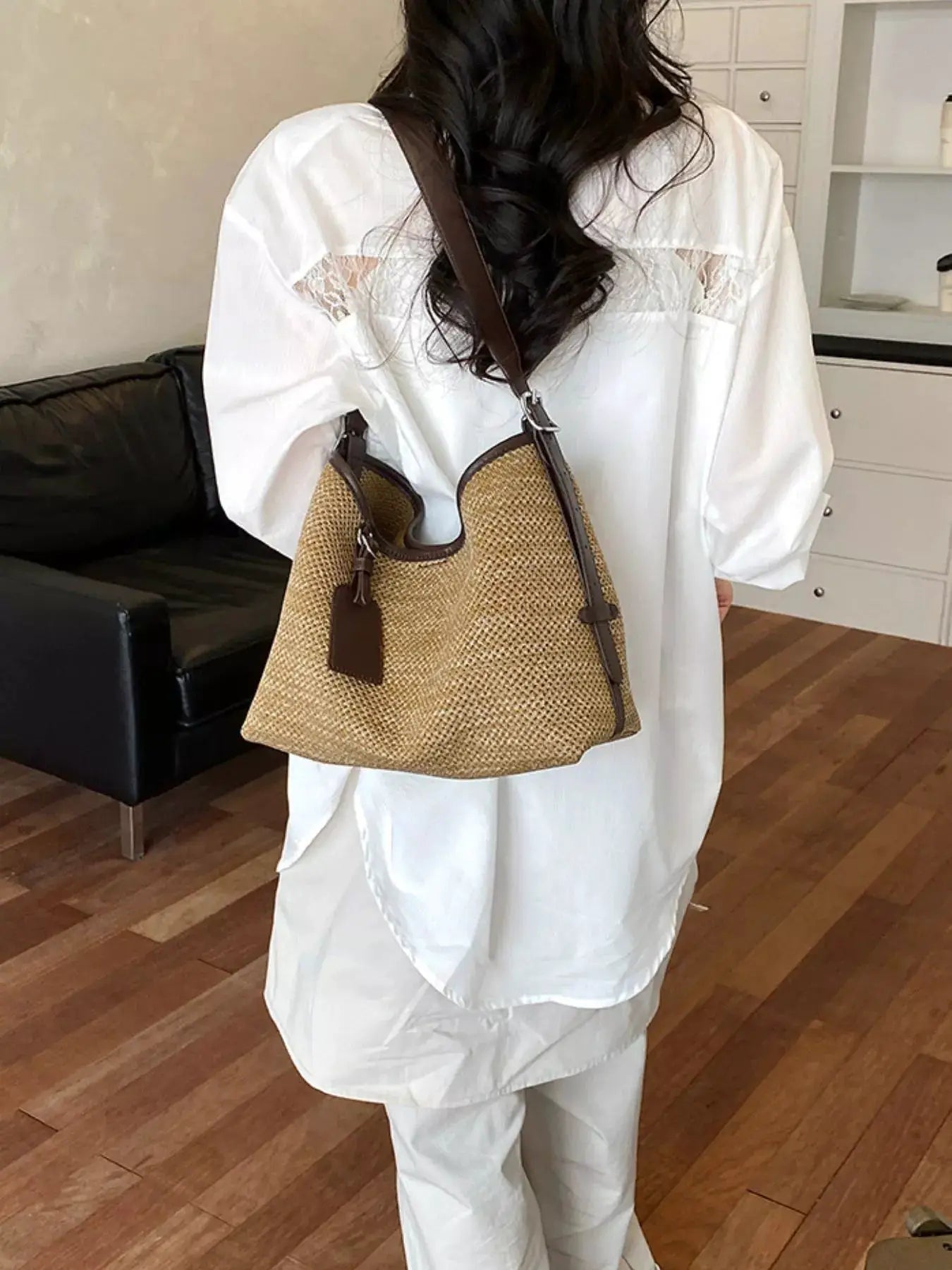 Leather Trim Woven Shoulder Bag by Trendsi