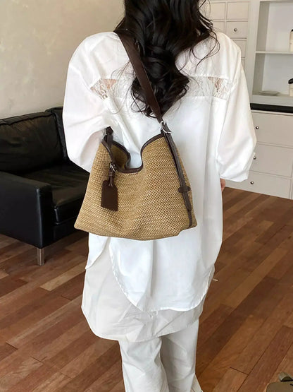 Leather Trim Woven Shoulder Bag by Trendsi