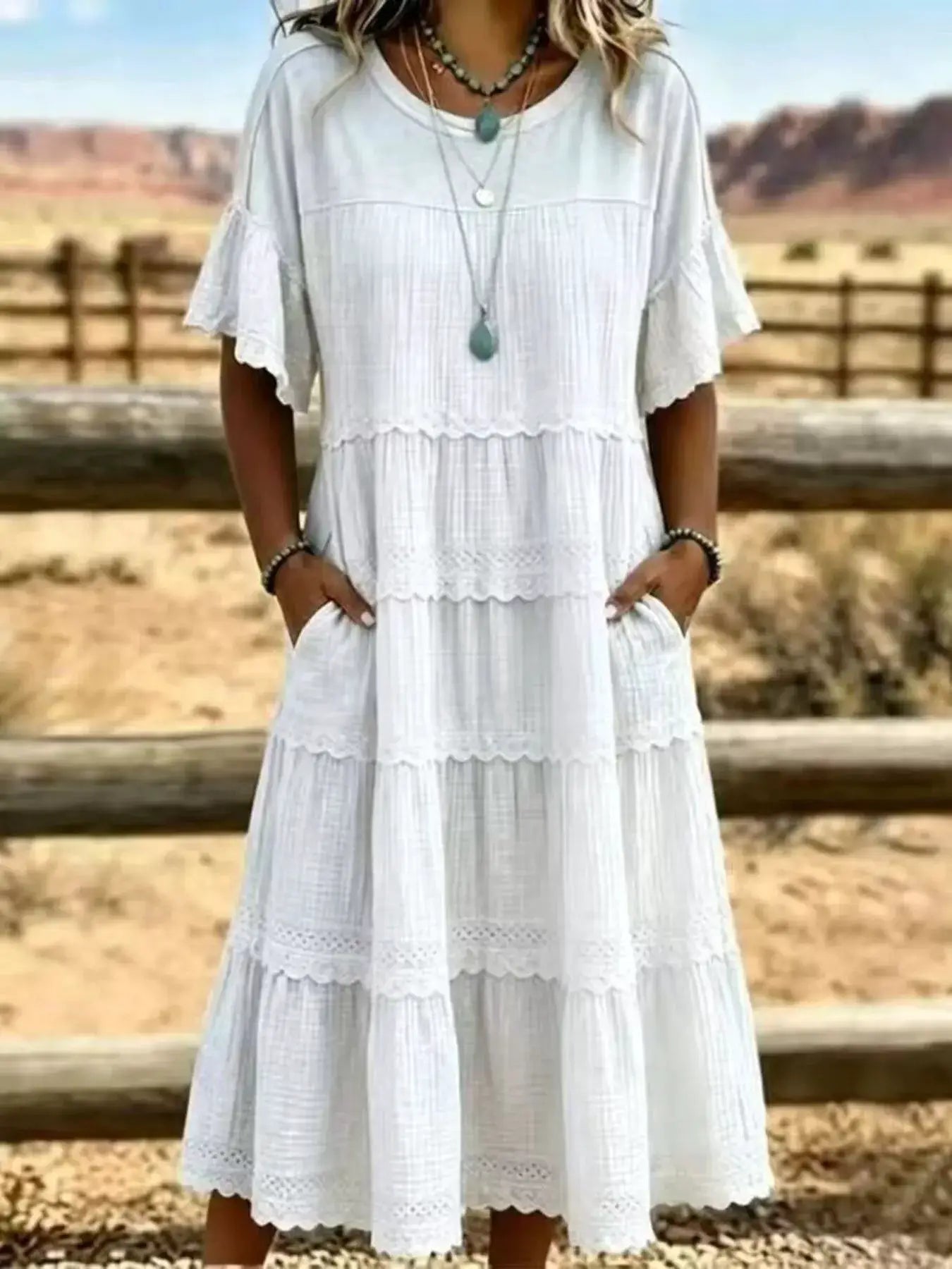 Full Size Tiered Ruffle Sleeve Midi Dress with Pockets Plus Size by Trendsi