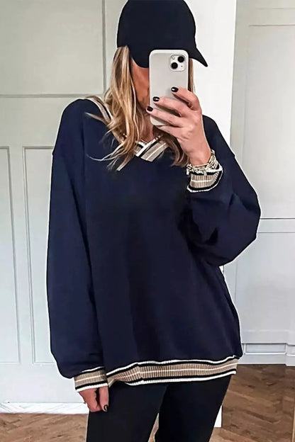 Contrast Striped Trim V Neck Sweatshirt by Trendsi
