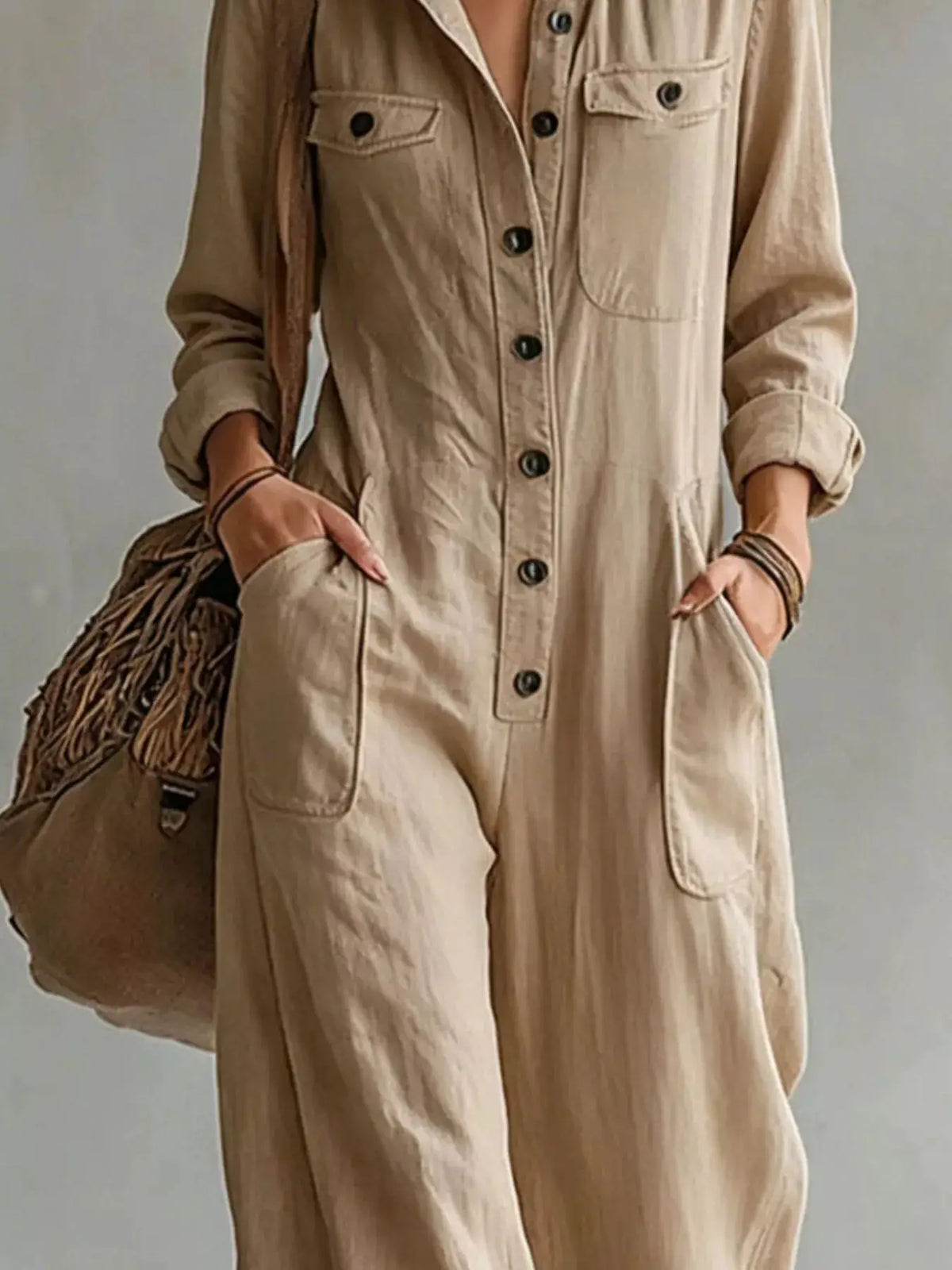 Full Size Long Sleeve Button Front Jumpsuit Plus Size by Trendsi