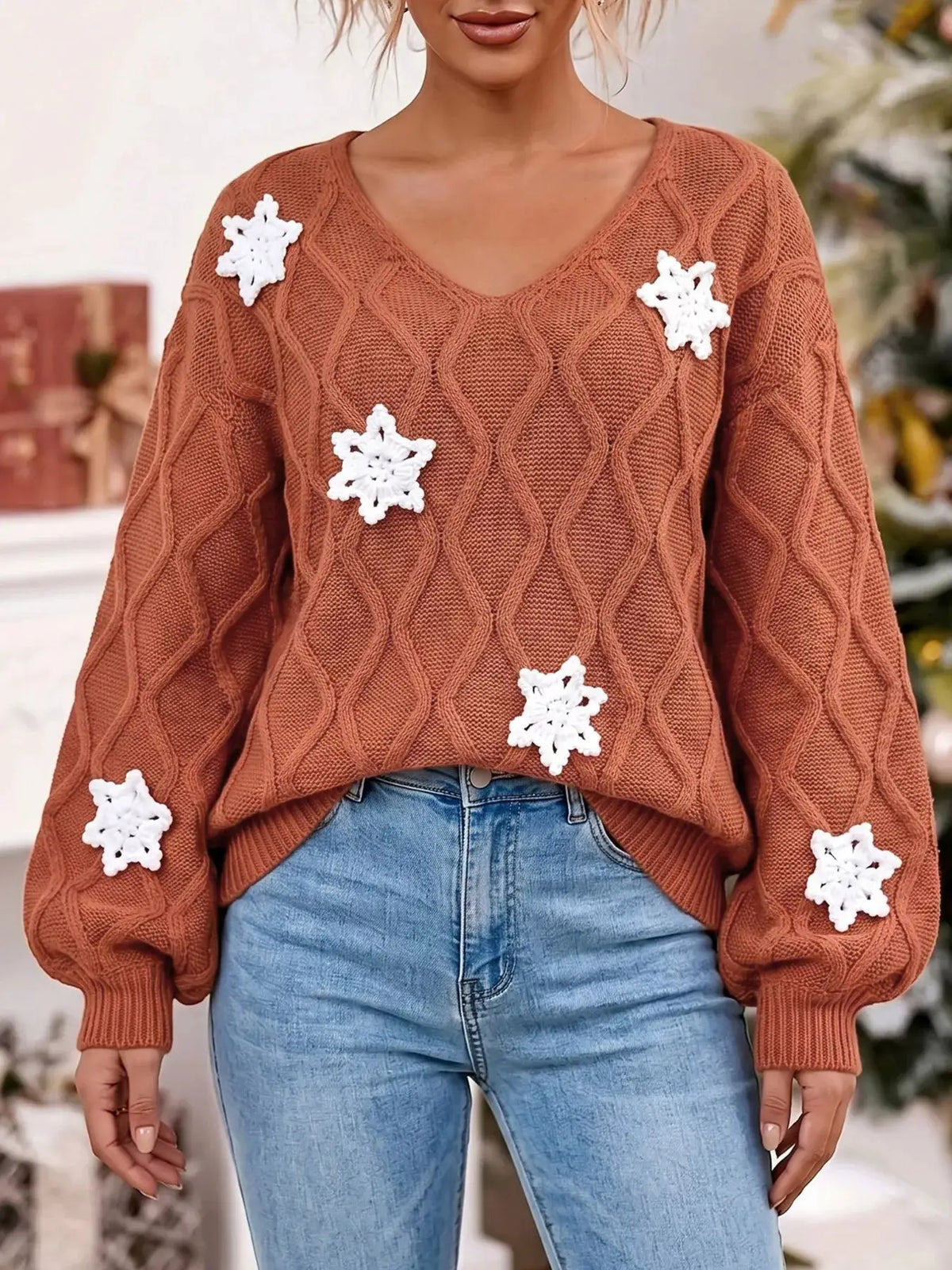 Snowflake Textured V-Neck Sweater by Trendsi