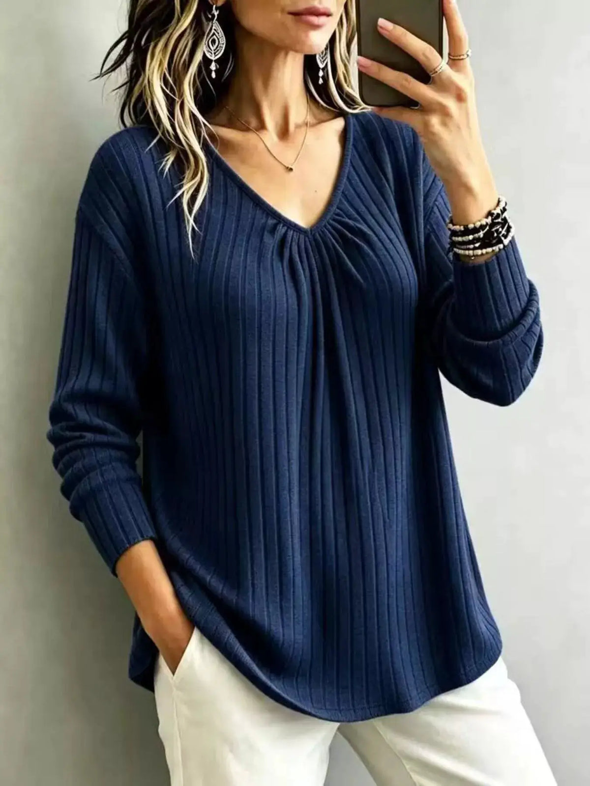 V-Neck Ribbed Long Sleeve T-Shirt by Trendsi