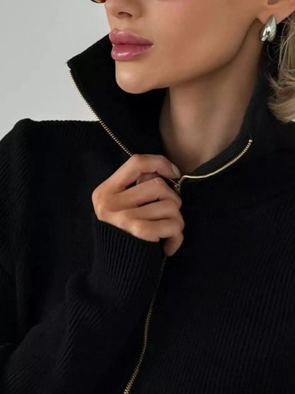 Ribbed Knit Quarter-Zip Sweater by Trendsi