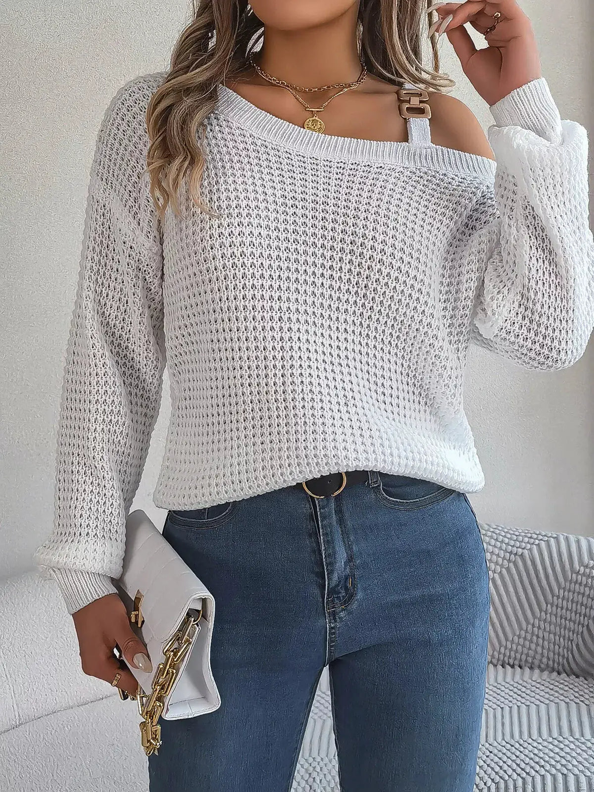 Asymmetrical Neck Long Sleeve Sweater by Trendsi