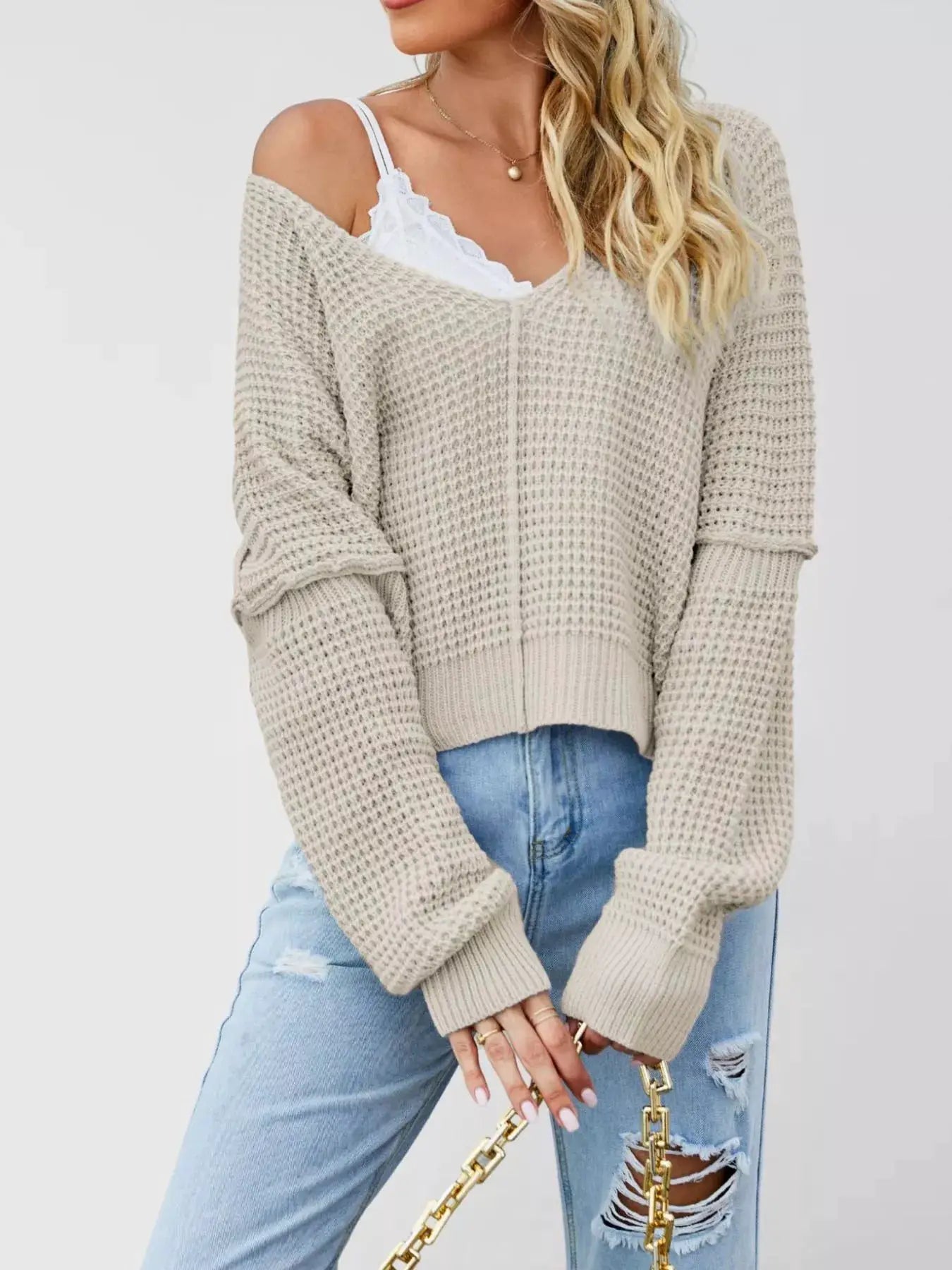 Waffle Knit Dropped Shoulder Sweater by Trendsi