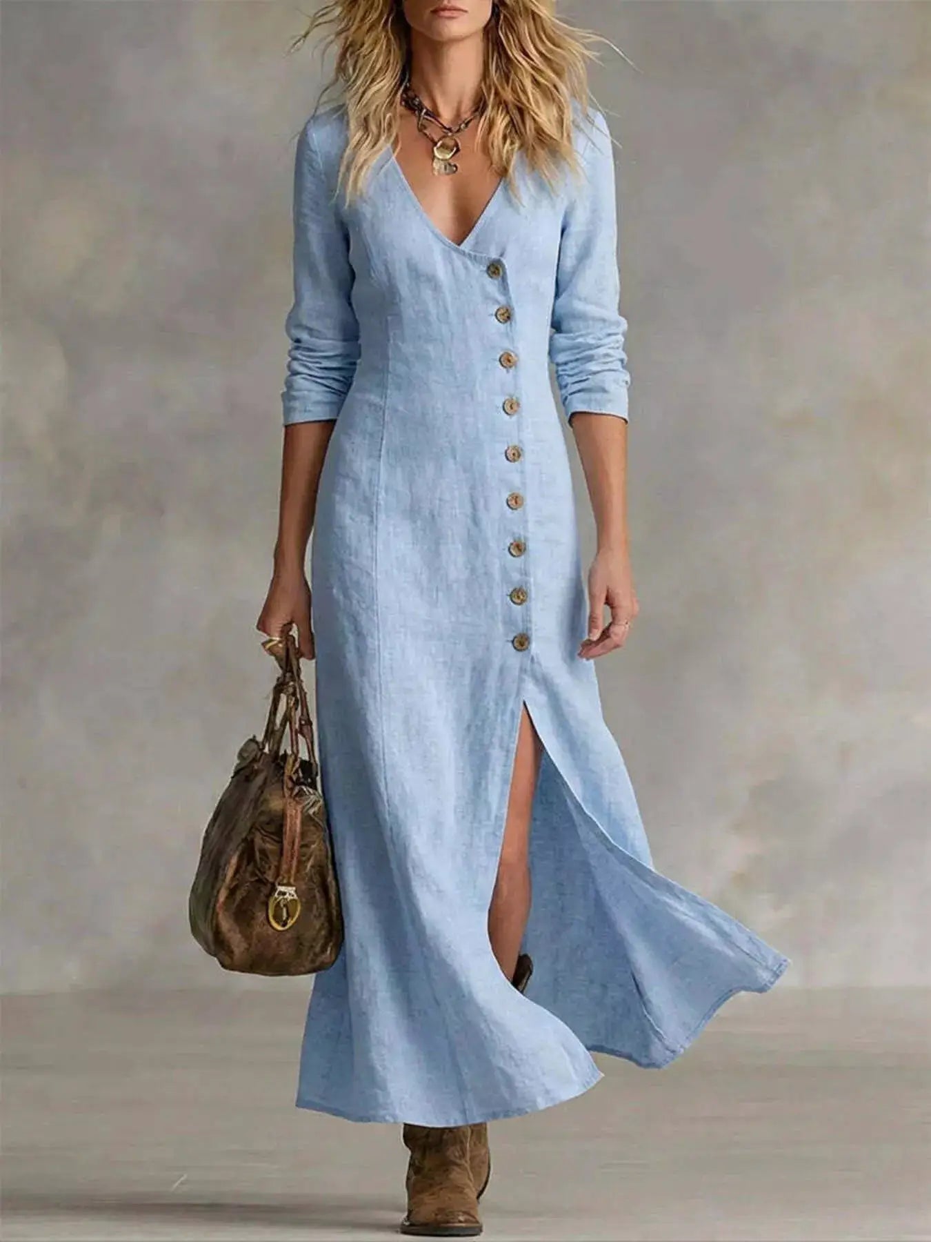 Slit Button-Down Midi Dress by Trendsi