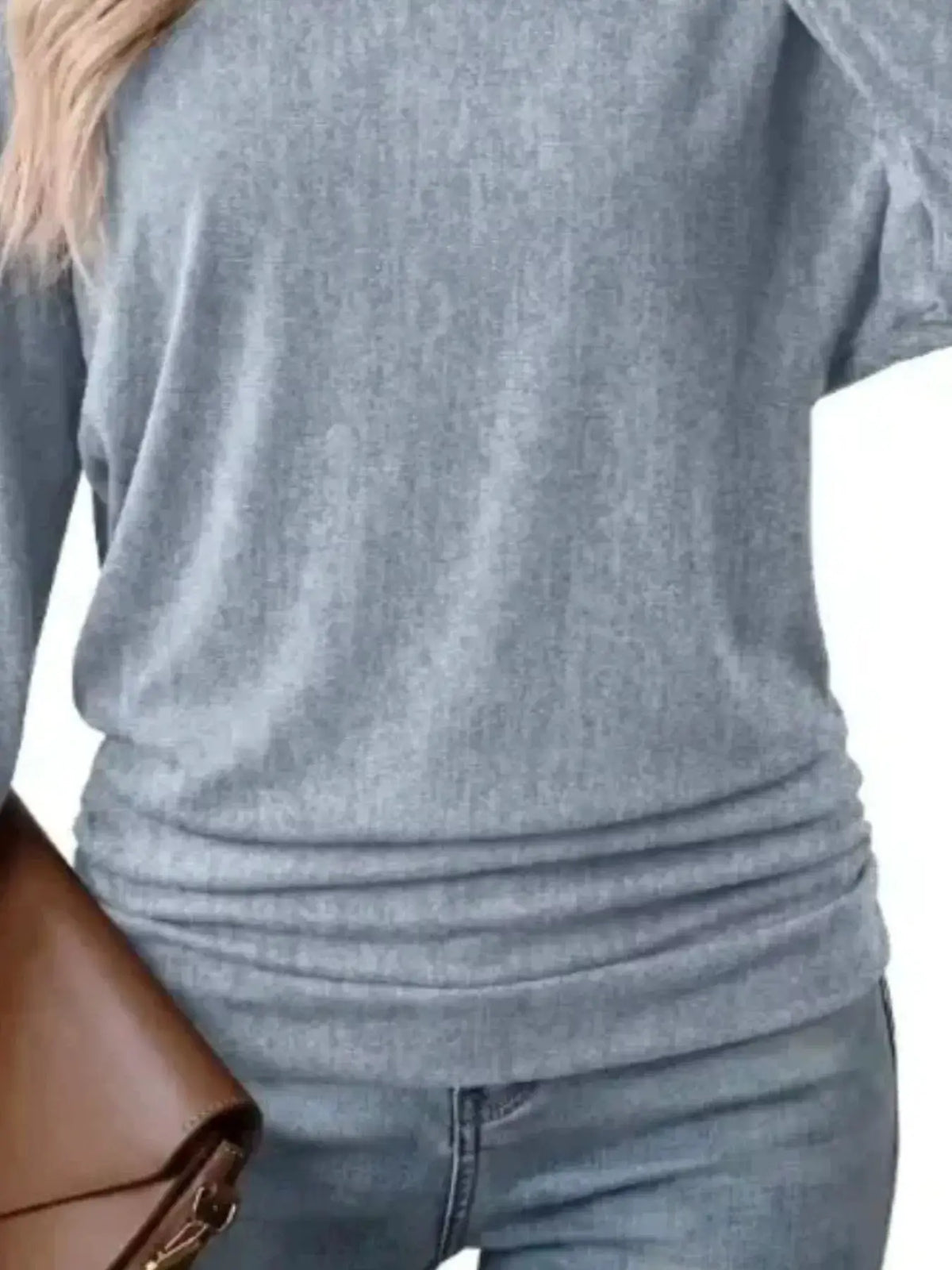 Long Sleeve Crew Neck Casual T-Shirt with Ruched Hem by Trendsi