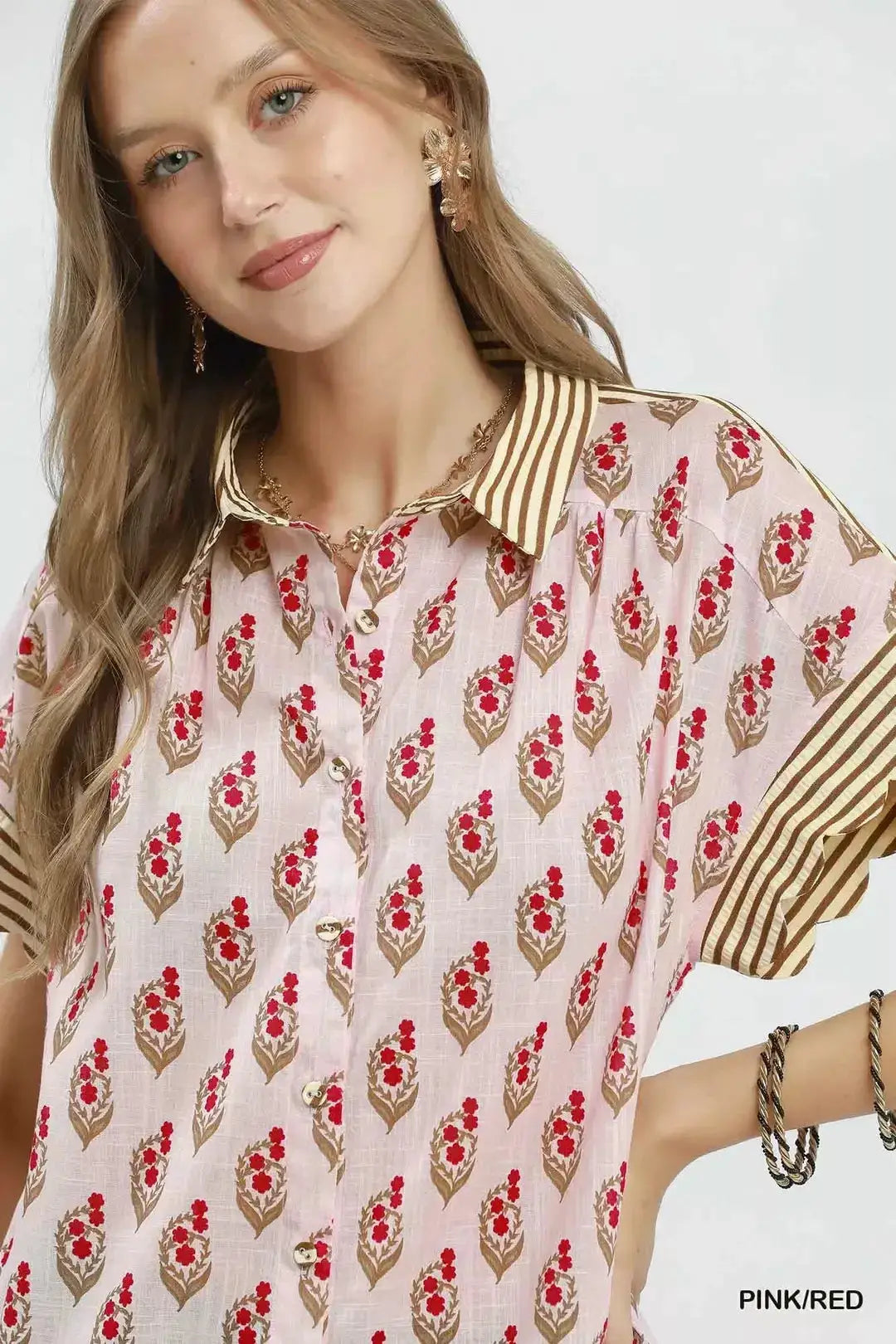 Umgee Block Print Button-Front Shirt with Contrast Stripe Point Collar by Trendsi