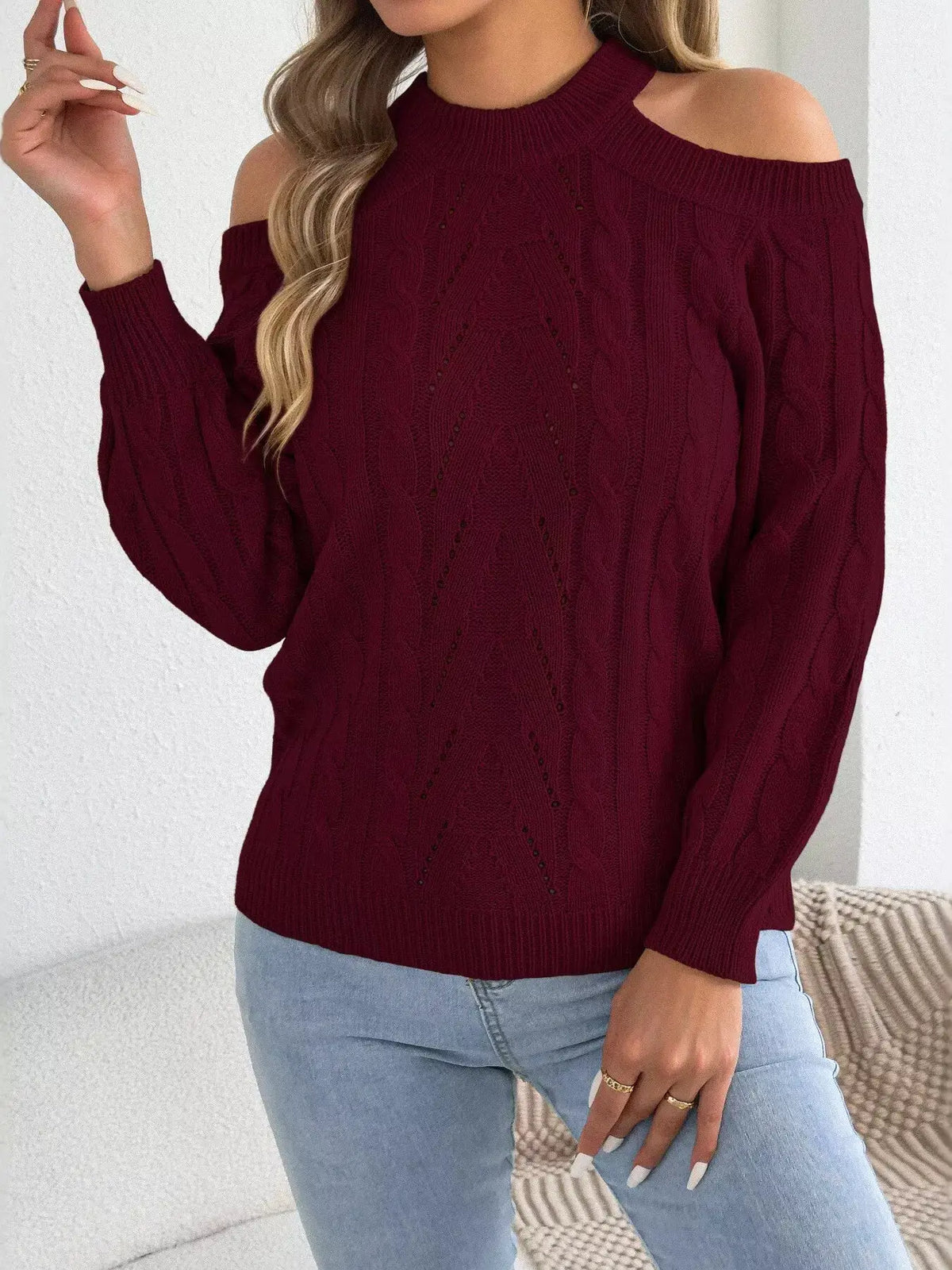 Cold Shoulder Cable Knit Sweater by Trendsi