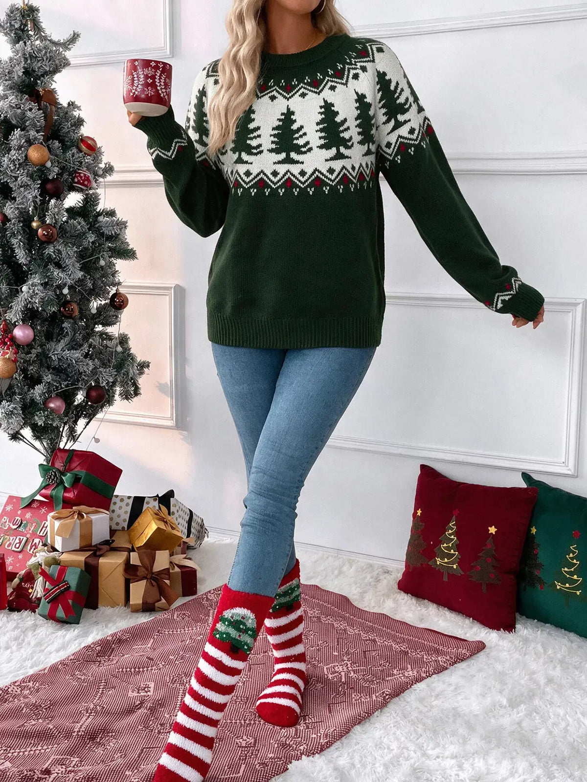 Christmas Tree Pattern Round Neck Sweater by Trendsi