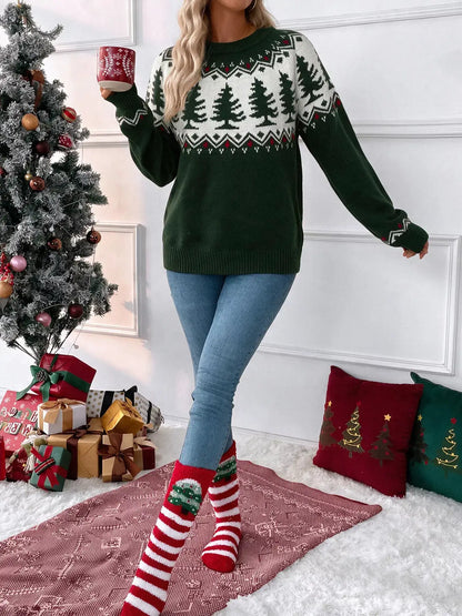 Christmas Tree Pattern Round Neck Sweater by Trendsi