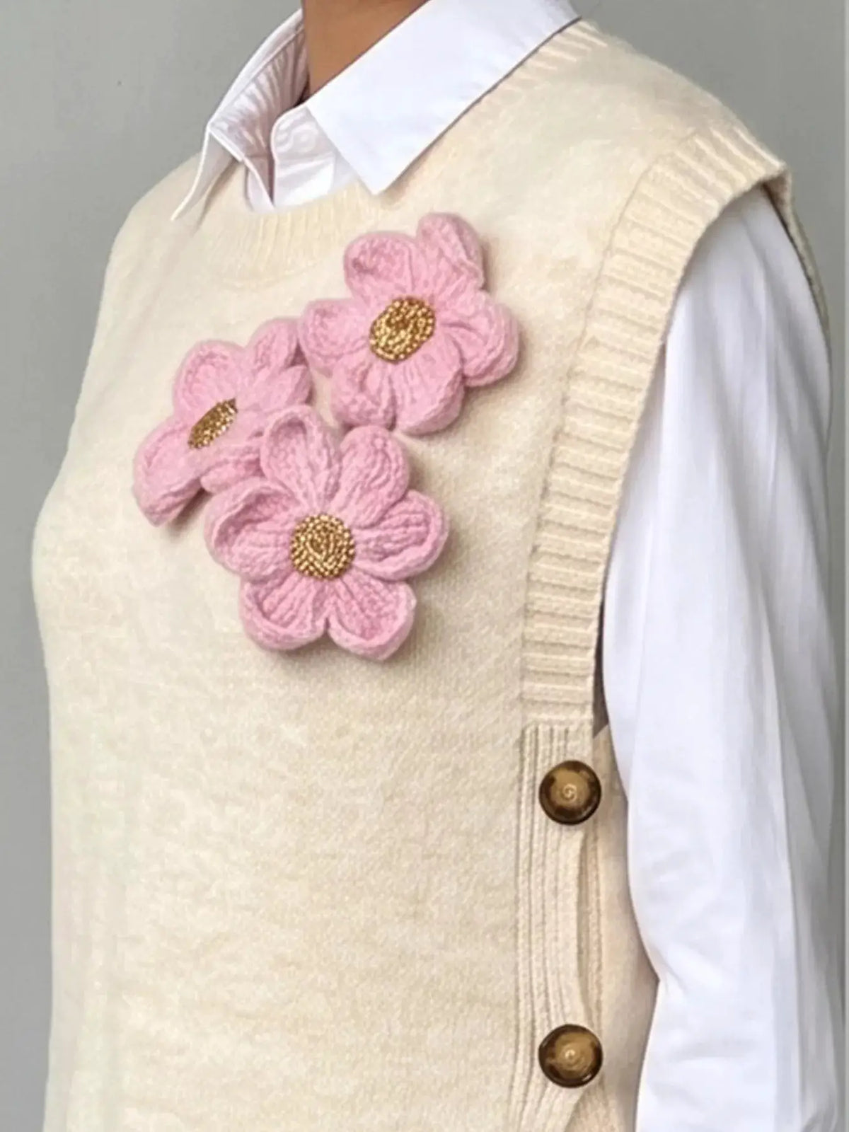 Side Button Sweater Vest with 3D Floral Appliques by Trendsi