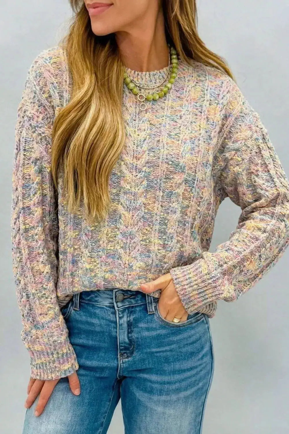 Multicolor Cable Knit Dropped Shoulder Sweater by Trendsi