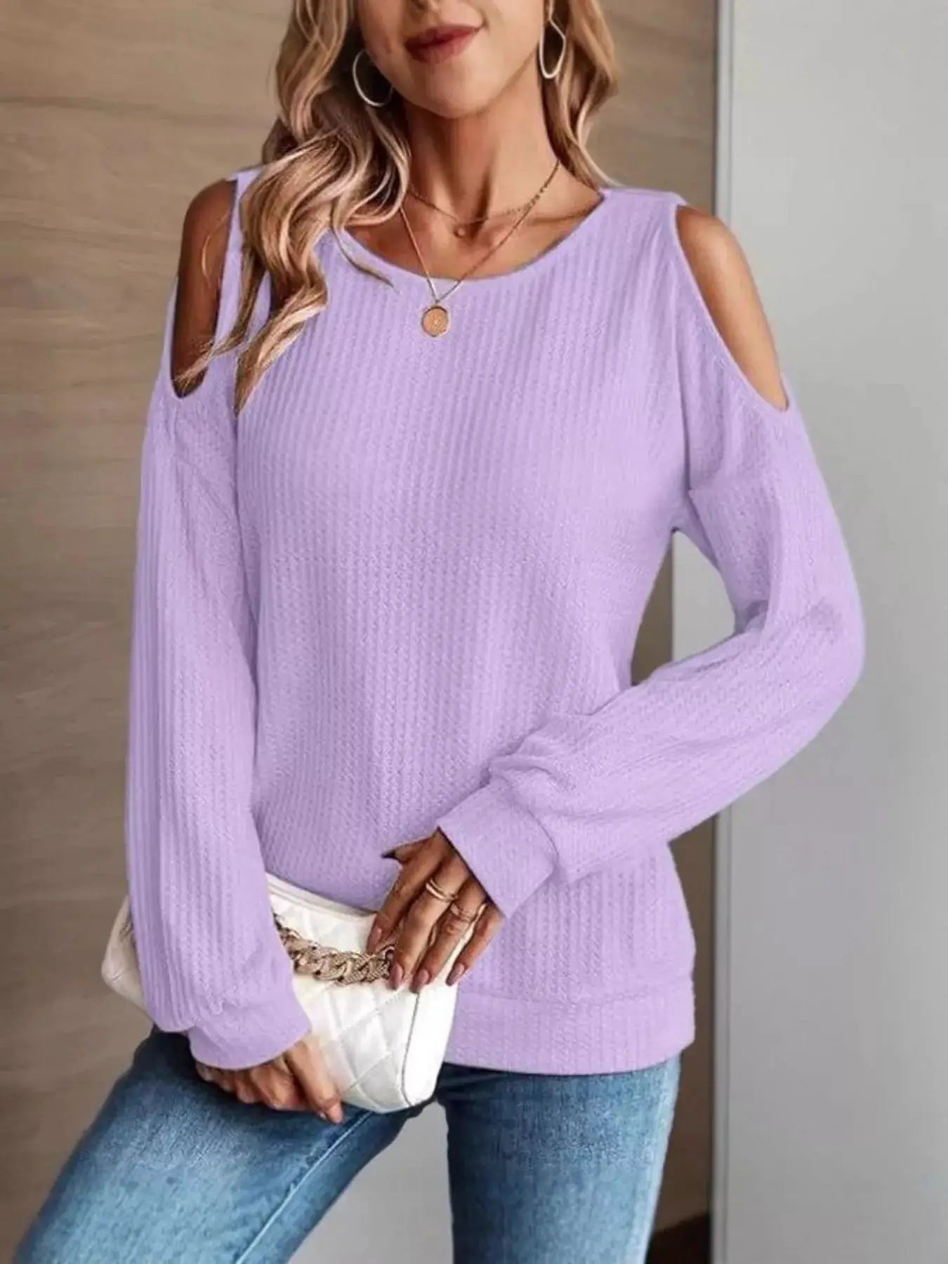 Solid Color Cold Shoulder Long Sleeve T-Shirt by Trendsi