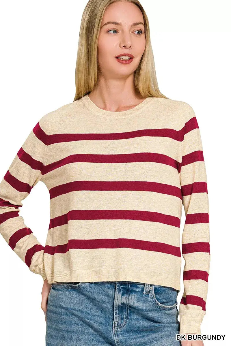 Zenana Lightweight Wool Blend Striped Round Neck Sweater by Trendsi