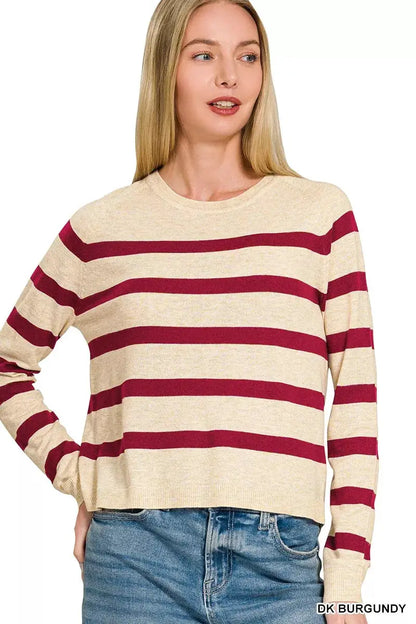 Zenana Lightweight Wool Blend Striped Round Neck Sweater by Trendsi