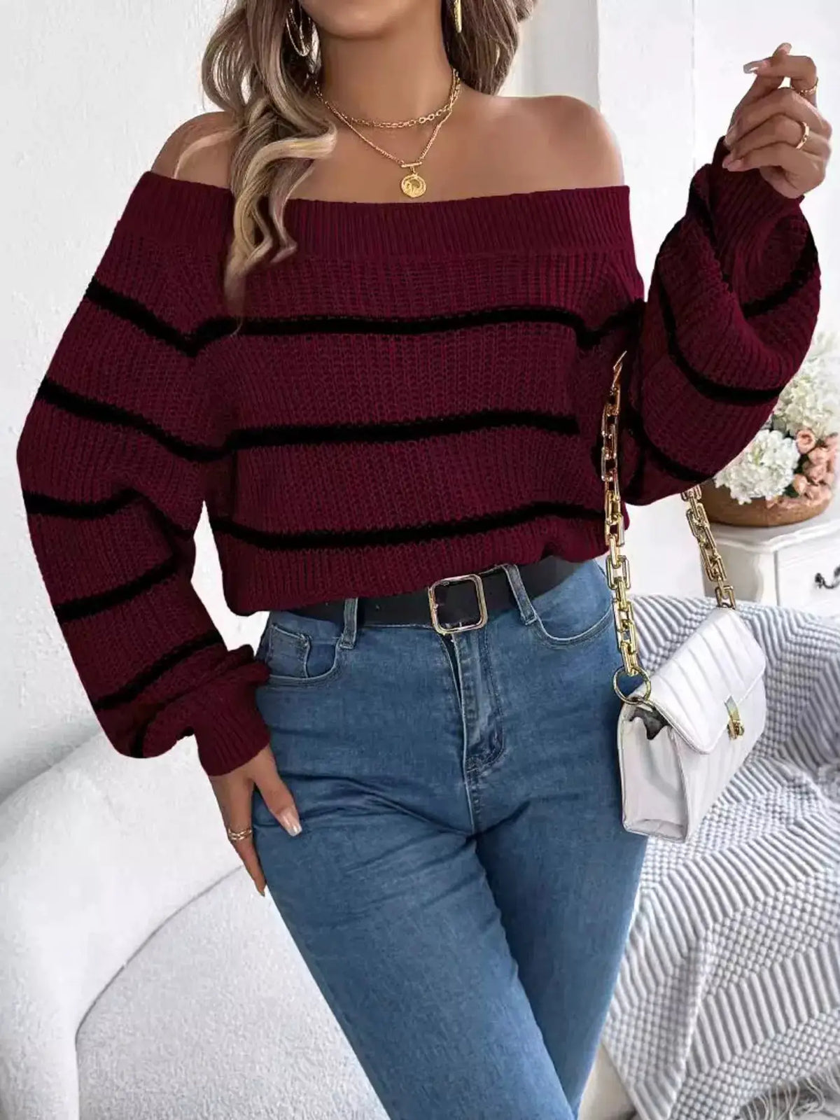 Off-Shoulder Striped Contrast Sweater by Trendsi