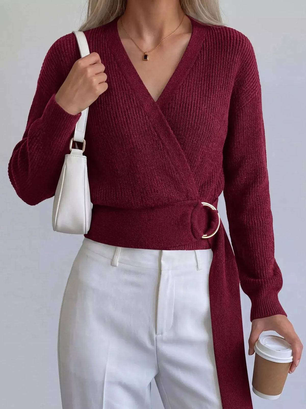 Metal Ring Detail Dropped Shoulder Sweater by Trendsi