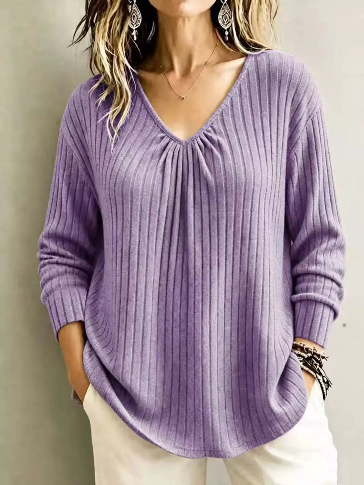 V-Neck Ribbed Long Sleeve T-Shirt by Trendsi