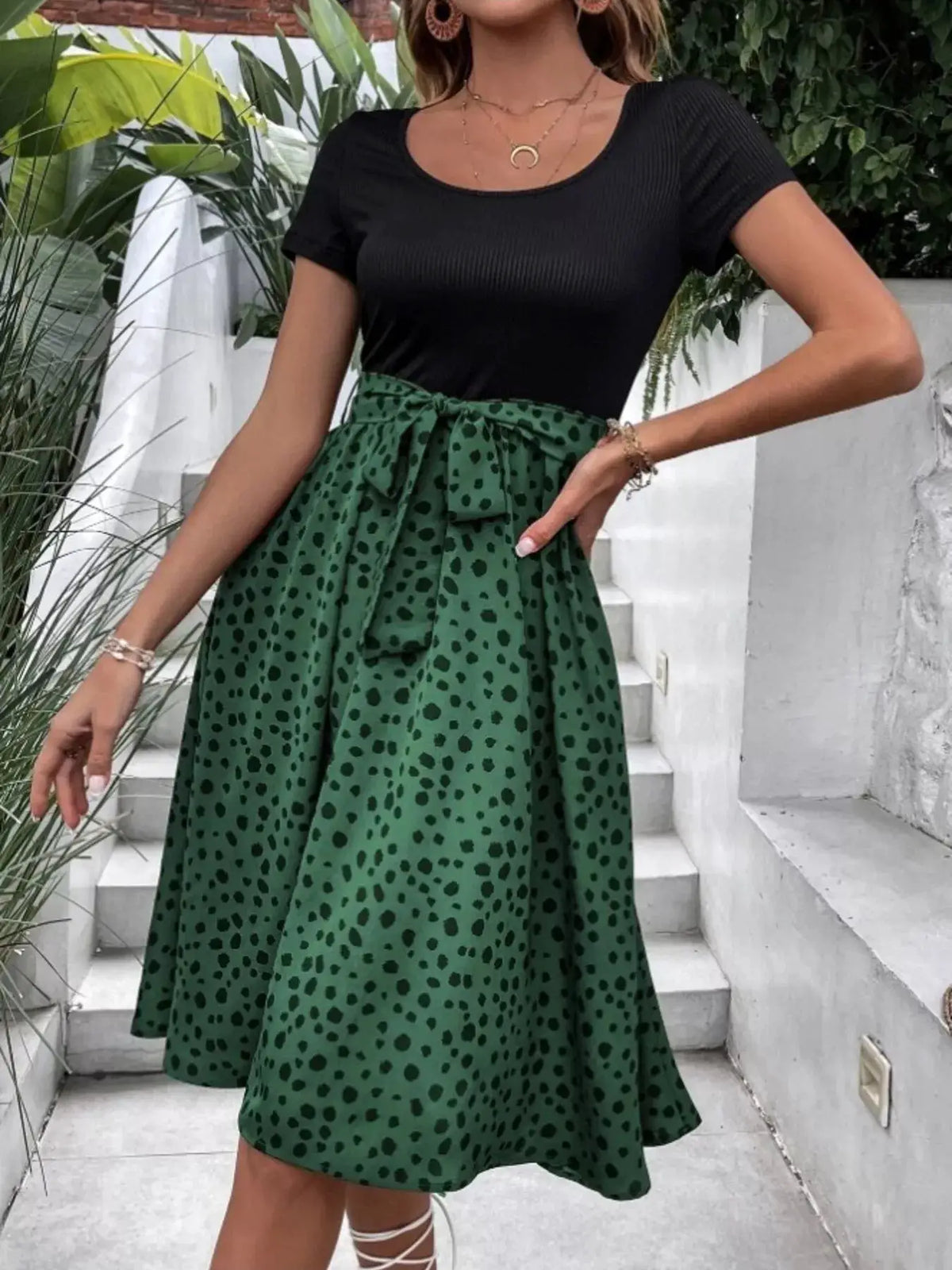 Leopard Print Tie-Waist Dress by Trendsi